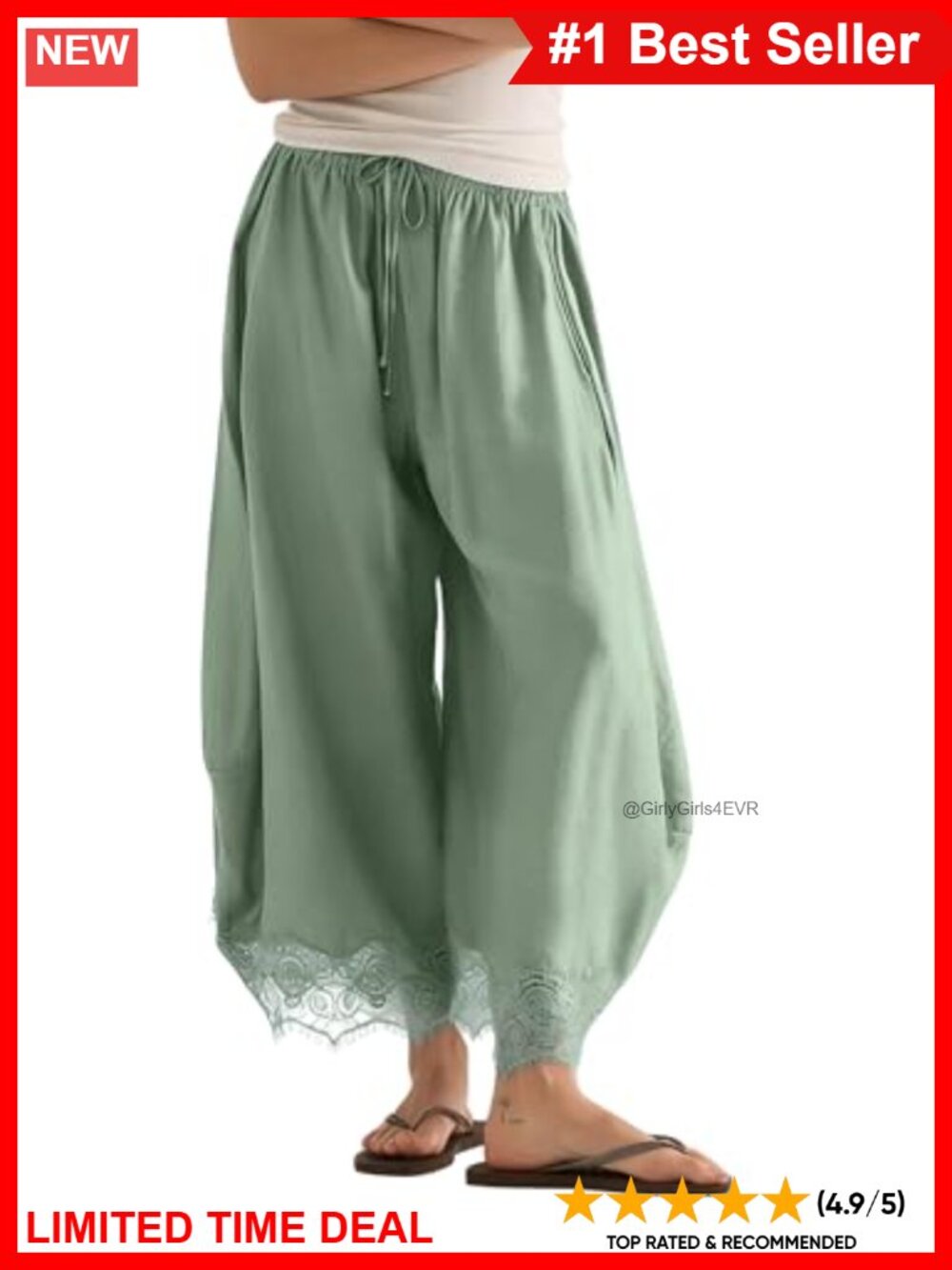 Cropped Wide Leg Lace Hem Pants Drawstring Boho Summer Capri Trousers
